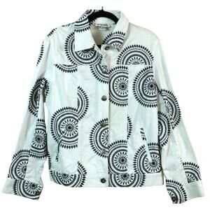 Vintage 90s White Black Denim Jacket Embroidered Artsy Medium Retro Boho Artsy